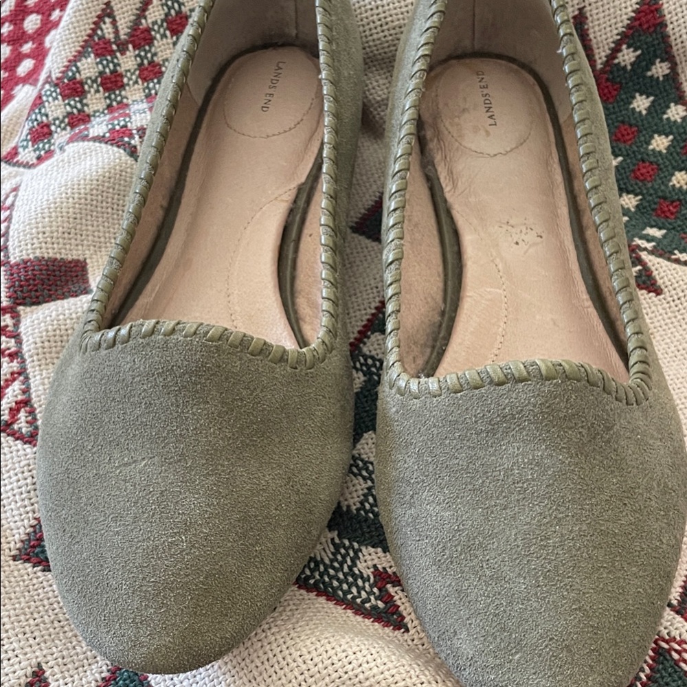 Lands' End Olive Green Suede Slip-On Flats